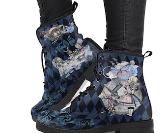 Combat Boots - Alice in Wonderland Gifts #102 Blue Series | Birthday Gifts, Gift Idea, Women's Boots, Handmade Lace Up Boots, Custom Shoes