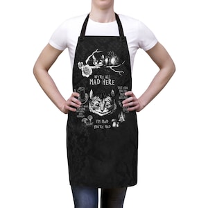 Custom Apron - Alice in Wonderland Gifts #102 Black and White Series, Cheshire Cat | Birthday Gift Idea, Tea Party, Her Kitchen Cooking