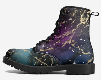 Combat Boots - Watercolor Marble Galaxy #1 | Custom Shoes, Cool Shoes, Vegan Leather Shoes, 90s Hippie Boots, Green and Purple Galaxy Shoes