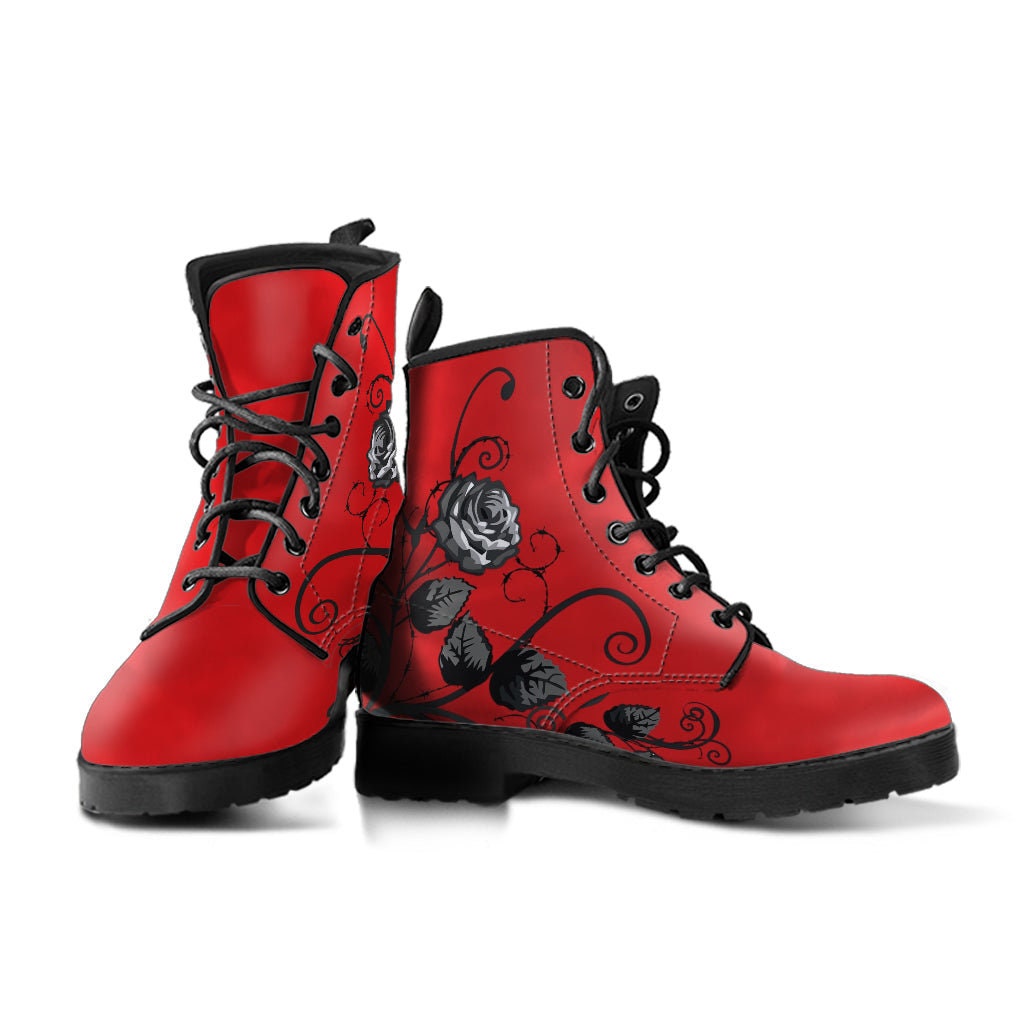 Red Combat Boots Gray Roses Red Boots Boho Shoes - Etsy