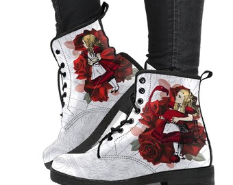 Alice in Wonderland Boots #36 Red Series, Red Roses | Birthday Gift Idea, Black Hipster Boots, Custom Shoes, Cute Kawaii