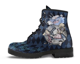 Combat Boots - Alice in Wonderland Gifts #102 Blue Series | Birthday Gifts, Gift Idea, Women&#39;s Boots, Handmade Lace Up Boots, Custom Shoes