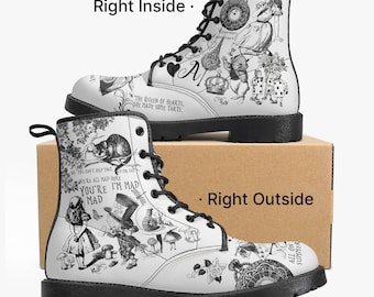 Botas de combate - Regalos de Alicia en el País de las Maravillas #101 Serie Blanco y Negro, Idea de regalo, Botas para mujer, Zapatos geniales, Zapatos veganos, Cuero vegano