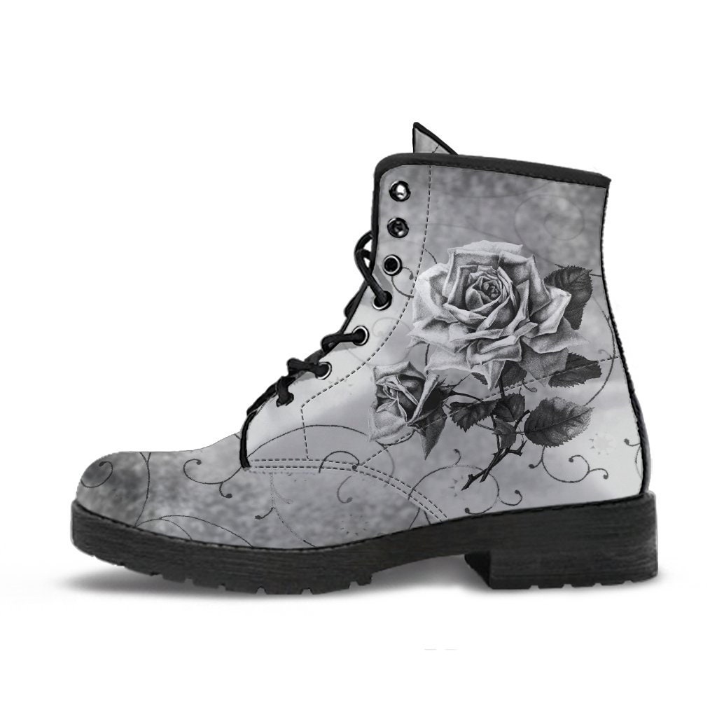 Combat Boots Vintage Style Black & White Roses Vegan | Etsy
