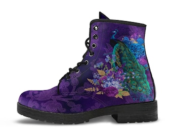 Combat Boots - Peacock #102 | Boho Shoes, Handmade Vegan Lace Up Boots, 2000s Boots, Aesthetic Shoes, Custom Shoes, Purple Boots for Women