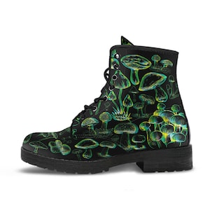 Combat Boots - Mushroom Boots #106 Black | Mushroom Gift, Birthday Gift Idea, Vegan Leather Lace Up Boots, Custom Unisex Adult Shoes