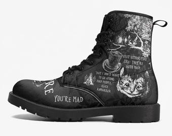 Combat Boots - Alice in Wonderland Gifts #102 Black and White Series, Cheshire Cat, Gift Idea, Women's Boots, Vegan Shoes, Vegan Leather