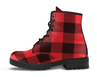 Combat Boots - Black & Red Plaid Boots | Red Boots, Handmade Lace Up Boots, Vegan Leather Lace Up Boots Women