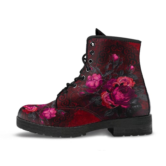 Combat Boots Beautiful Flowers #106 Red Cute Kawaii Aestheric