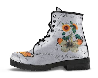 Combat Boots - Butterfly Shoes #108 Vintage Sunflowers | Custom Shoes, Women's, Aesthetic Style, Sorority, Vegan Leather Handmade Lace Up