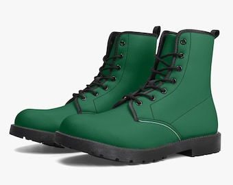 Gevechtslaarzen - Donkergroen | Veganistisch leer met vetersluiting, handgemaakte veterlaarzen, dameslaarzen, schoenen op maat, schoenen van veganistisch leer