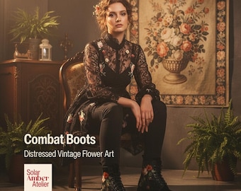Combat Boots - Distressed Vintage Flower Art | Boho Shoes, Custom Shoes, Women's Boots, Vegan Leather, Goth Boots, Gothic Boots
