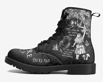 Gevechtslaarzen - Alice in Wonderland Cadeaus #103 Zwart-wit Serie, Cheshire Cat, Cadeau-idee, Dameslaarzen, Veganistische schoenen, Veganistisch leer