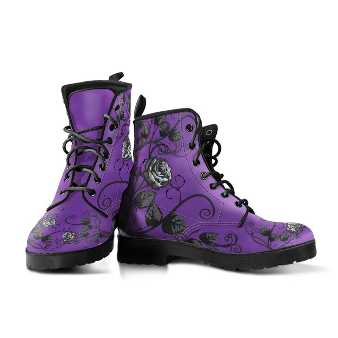 Purple Combat Boots Black Roses Purple Boots for Women Etsy