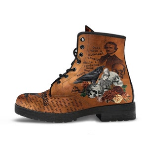 May include: Brown leather boots with black laces and a printed design featuring a raven, skulls, flowers, and a quote from Edgar Allan Poe's poem "The Raven": "Once upon a midnight dreary, while I pondered, weak and weary..."