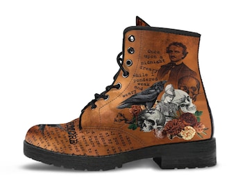 Kampfstiefel - Von Edgar Allan Poe inspiriert #112 Der Rabe | Hexenschuhe handgefertigte Schnürschuhe, individuelle Schuhe Boho, braune Goth Stiefel, Gothic Totenkopf