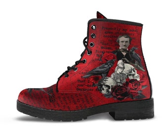 Combat Boots - Edgar Allan Poe Inspired #111 The Raven | Witch Shoes Handmade Lace Up, Custom Shoes Boho, Red Goth Boots, Gothic Skull