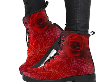 Botas de Combate - Mandala Vermelha | Botas de Amarrar Feitas à Mão, Botas de Amarrar Femininas em Couro Vegano, Sapatos Estéticos, Sapatos para Fraternidades, Botas Femininas