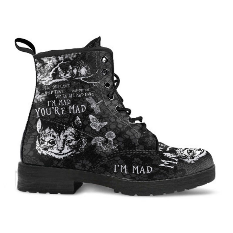 Combat Boots-Alice in Wonderland Gifts 102 Black and White Series, Cheshire Cat, Gift Idea, Women's Boots, Vegan Shoes, Vegan Leather image 4