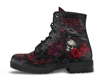 Kampfstiefel - Edgar Allan Poe inspiriert # 107-Red The Raven | Vegan Leder handgefertigte Schnürschuhe, kundenspezifische Boho Schuhe, Goth Hexe Stiefel, Gothic