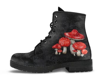 Combat Boots - Mushroom Boots #103 | Mushroom Gift, Birthday Gift Idea, Vegan Leather Lace Up Boots, Custom Unisex Adult Shoes, Gift for Her