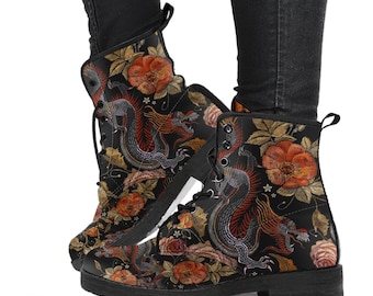 Combat Boots - Dragon & Flowers | Boho Shoes, Handmade Lace Up Boots, Vegan Leather Lace Up Boots, 90s Boots, 2000s Boots