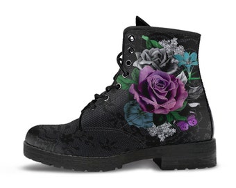 Combat Boots - Vintage Purple Flowers with Black Lace Print | Custom Shoes, Vegan Leather Lace Up Boots Women, Women's Boots