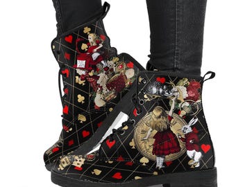 Alice in Wonderland Combat Boots #32 Red Series | Black Lace Print | Birthday Gift Idea, Women's Black Hipster Boots, Custom Shoes