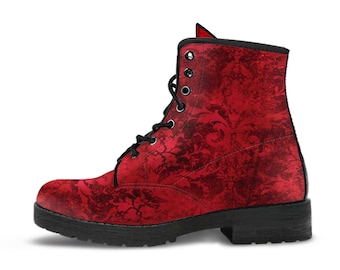 Combat Boots - Grunge Red | Boho Shoes, Handmade Vegan Leather Lace Up Boots Women, 2000s Boots, Cute Hipster Boots, Unisex Adult Shoes