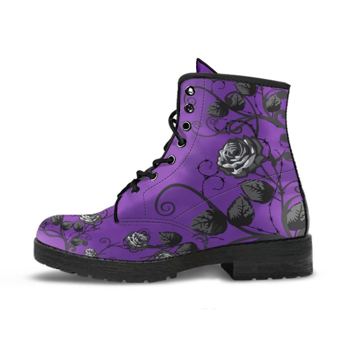 Purple Combat Boots Black Roses Purple Boots for Women Etsy