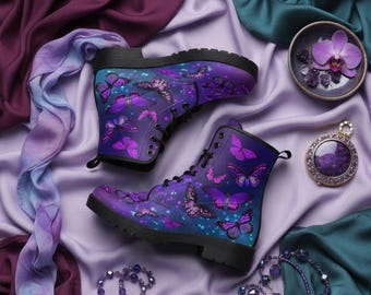 Combat Boots - Butterfly Shoes #104 Purple, Custom Shoes, Women's Boots, Aesthetic Shoes, Boho Shoes, Vintage Style Shoes, Sorority Shoes