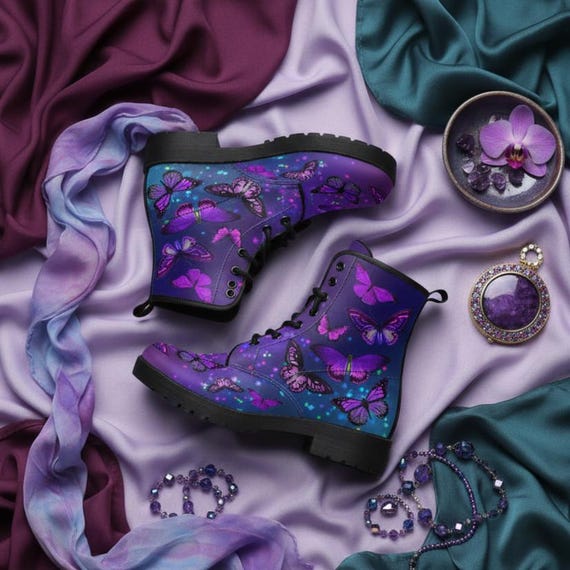 Combat Boots - Butterfly Shoes #104 Purple, Custom Shoes, Women's Boots, Aesthetic Shoes, Boho Shoes, Vintage Style Shoes, Sorority Shoes