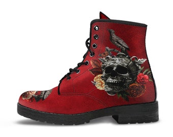 Combat Boots - Goth Shoes #111 Skulls & Roses, Grunge Red | Witch Shoes Lace Up Boots, Custom Shoes Boho, Goth Witch Boots, Unisex Adult