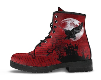 Combat Boots - Edgar Allan Poe Inspired #104 The Raven | Witch Shoes Handmade Lace Up, Custom Shoes Cute, Goth Witch Boots, Gothic Skull