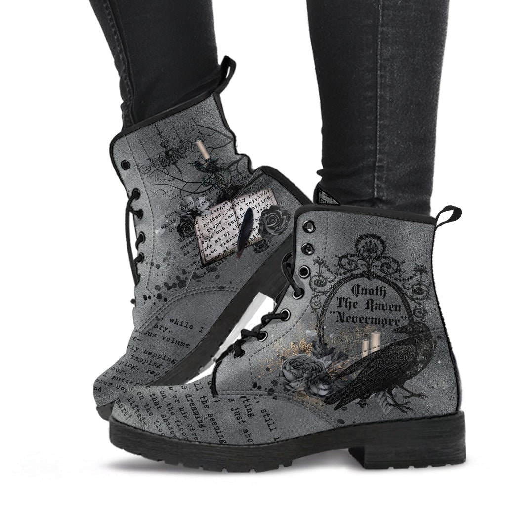 Combat Boots - Edgar Allan Poe Inspired #103 The Raven | Nevermore Vegan Leather, Custom Shoes, Goth Witch, Gothic Poem, Teacher's Day Gift