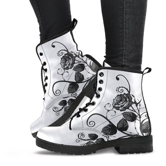 White Combat Boots Gray Roses Boho Shoes Handmade Lace up - Etsy