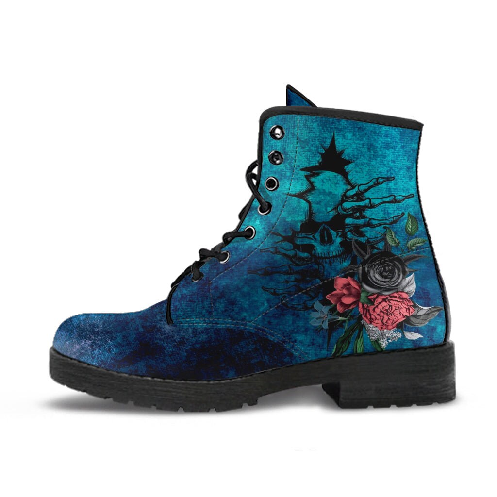 Skulls & Flowers Hippie Women's Leather Ankle Boots - Waterproof Winter Lace-Up Boots With Artistic Design - View #8