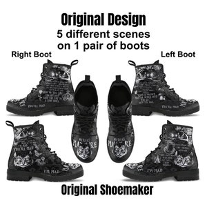 Combat Boots-Alice in Wonderland Gifts 102 Black and White Series, Cheshire Cat, Gift Idea, Women's Boots, Vegan Shoes, Vegan Leather image 2