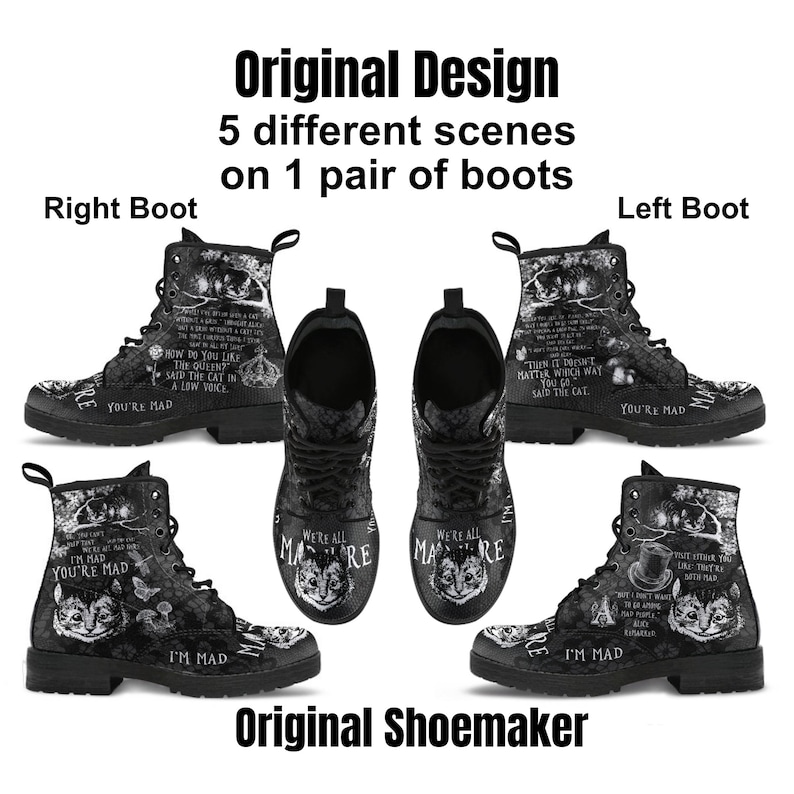 Combat Boots-Alice in Wonderland Gifts 102 Black and White Series, Cheshire Cat, Gift Idea, Women's Boots, Vegan Shoes, Vegan Leather image 2