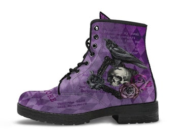 Combat Boots - Edgar Allan Poe Inspired #108 The Raven | Witch Shoes Handmade Lace Up, Custom Cute Shoes, Goth Witch Boots, Gothic Skull