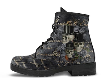 Combat Boots - Goth Shoes #112 Skulls & Roses, Grunge Gray | Witch Shoes Lace Up, Custom Shoes, Literally Goth Witch Boots, Unisex Adult