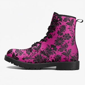 Combat Boots - Hot Pink Pattern #101 | Unisex Adult Shoes, Vegan Leather Handmade Lace Up Boots, Custom Shoes Boho, Vintage Style, Aesthetic