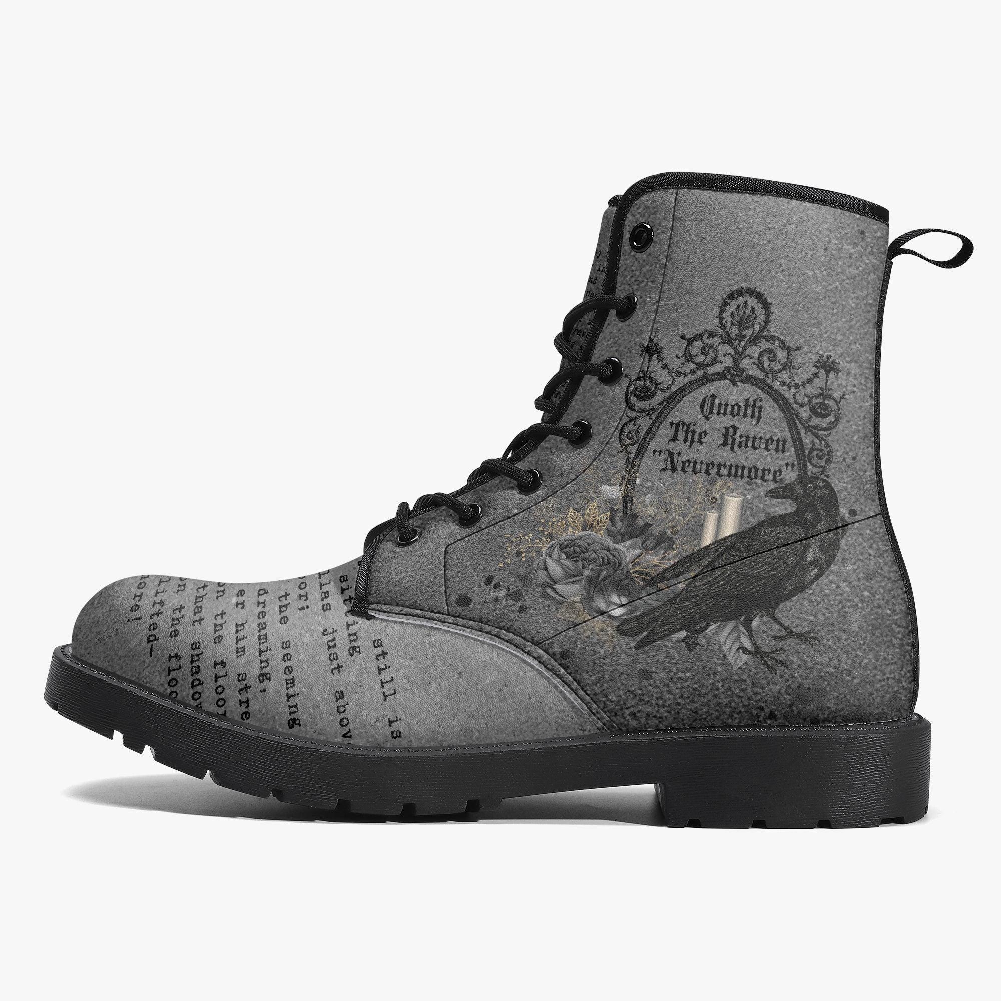 Combat Boots - Edgar Allan Poe Inspired #103 The Raven Nevermore Vegan Leather, Custom Shoes, Goth Witch, Gothic Poem, Teacher's Day Gift
