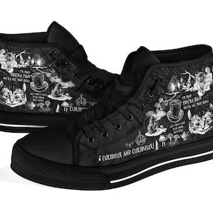 High Top Sneakers - Alice in Wonderland Gifts #102 Black and White Series, Cheshire Cat | Birthday Gifts, Gift Idea, Custom Women's Shoes