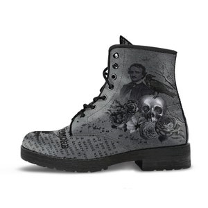 Combat Boots - Edgar Allan Poe Inspired #110 The Raven | Witch Shoes Handmade Lace Up, Custom Shoes Boho, Goth Witch Boots, Gothic Skull