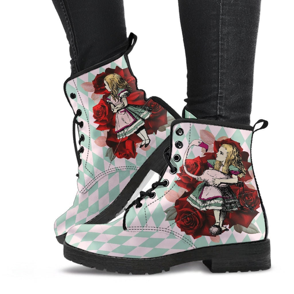 Alice in Wonderland Combat Boots #102 Mint Series, Red Roses | Birthday Gift Idea, Black Hipster Boots, Custom Shoes