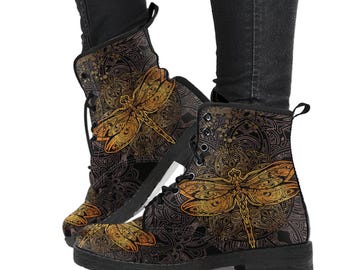 Combat Boots - Dragonfly | Vegan Leather Lace Up Boots Women, Women's Boots, Men's Boots 9.5, Custom Shoes