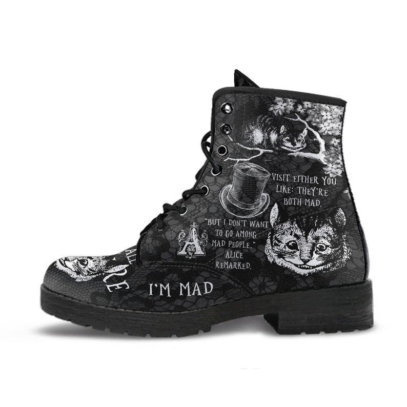 Combat Boots-Alice in Wonderland Gifts 102 Black and White Series, Cheshire Cat, Gift Idea, Women's Boots, Vegan Shoes, Vegan Leather image 10