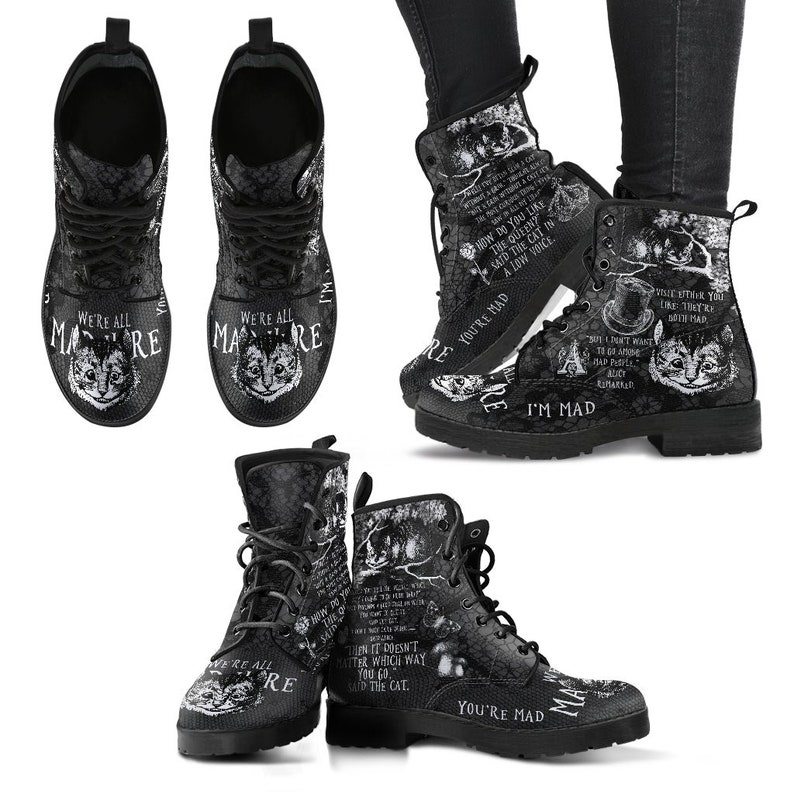 Combat Boots-Alice in Wonderland Gifts 102 Black and White Series, Cheshire Cat, Gift Idea, Women's Boots, Vegan Shoes, Vegan Leather image 3