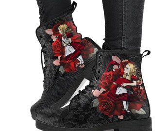 Combat Boots - Alice in Wonderland Boots #35 Red Series, Black Lace Print | Birthday Gift Idea, Black Hipster Boots, Custom Shoes